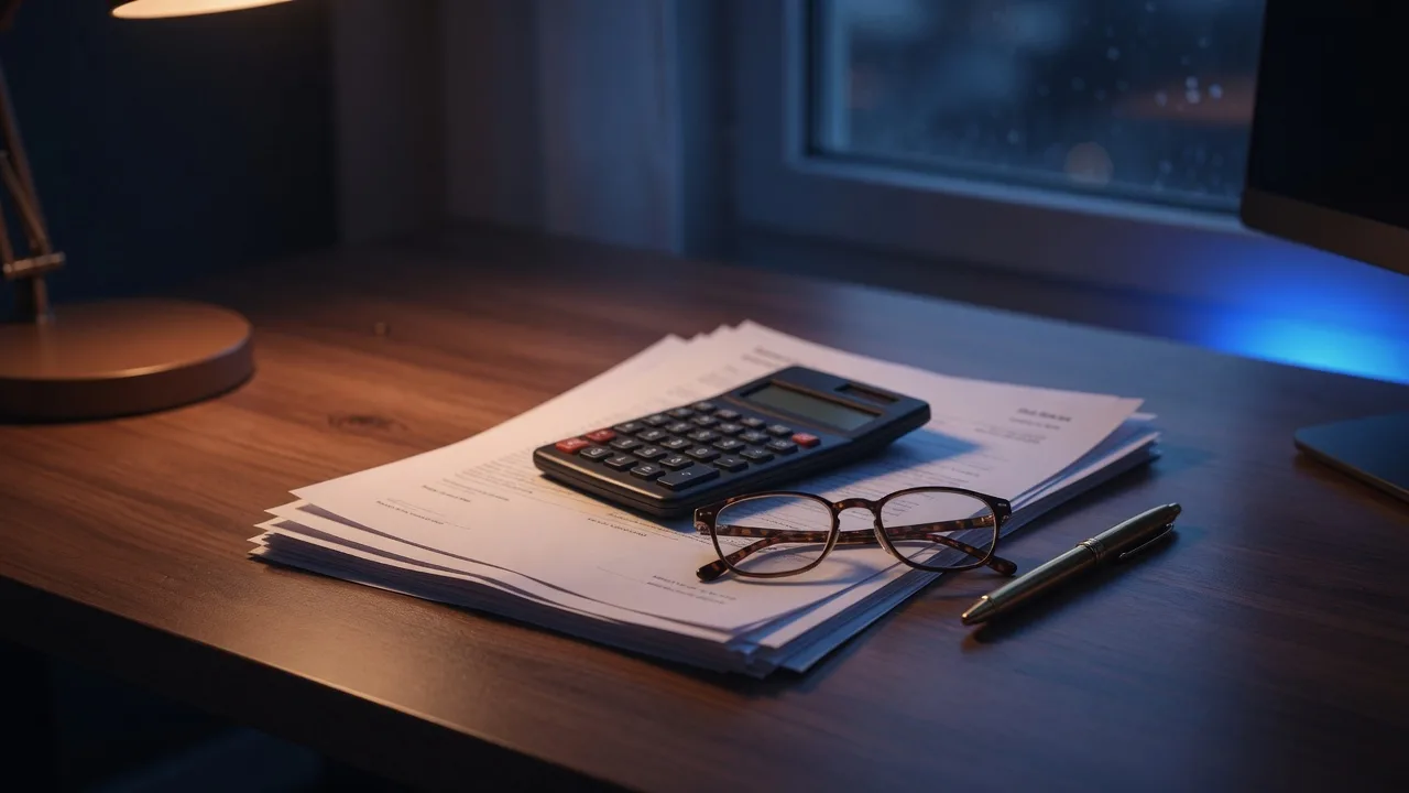 A tidy dark desk at blue hour with blank financial documents, a calculator, and reading glasses