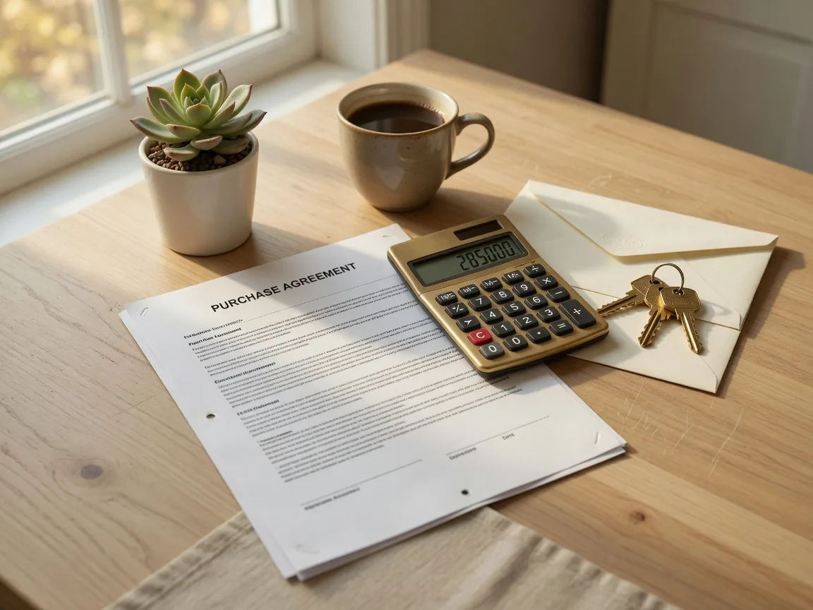 A purchase agreement with a blank signature line beside a brass calculator, coffee cup, house keys, and a folded banker's envelope on a light oak table in autumn light