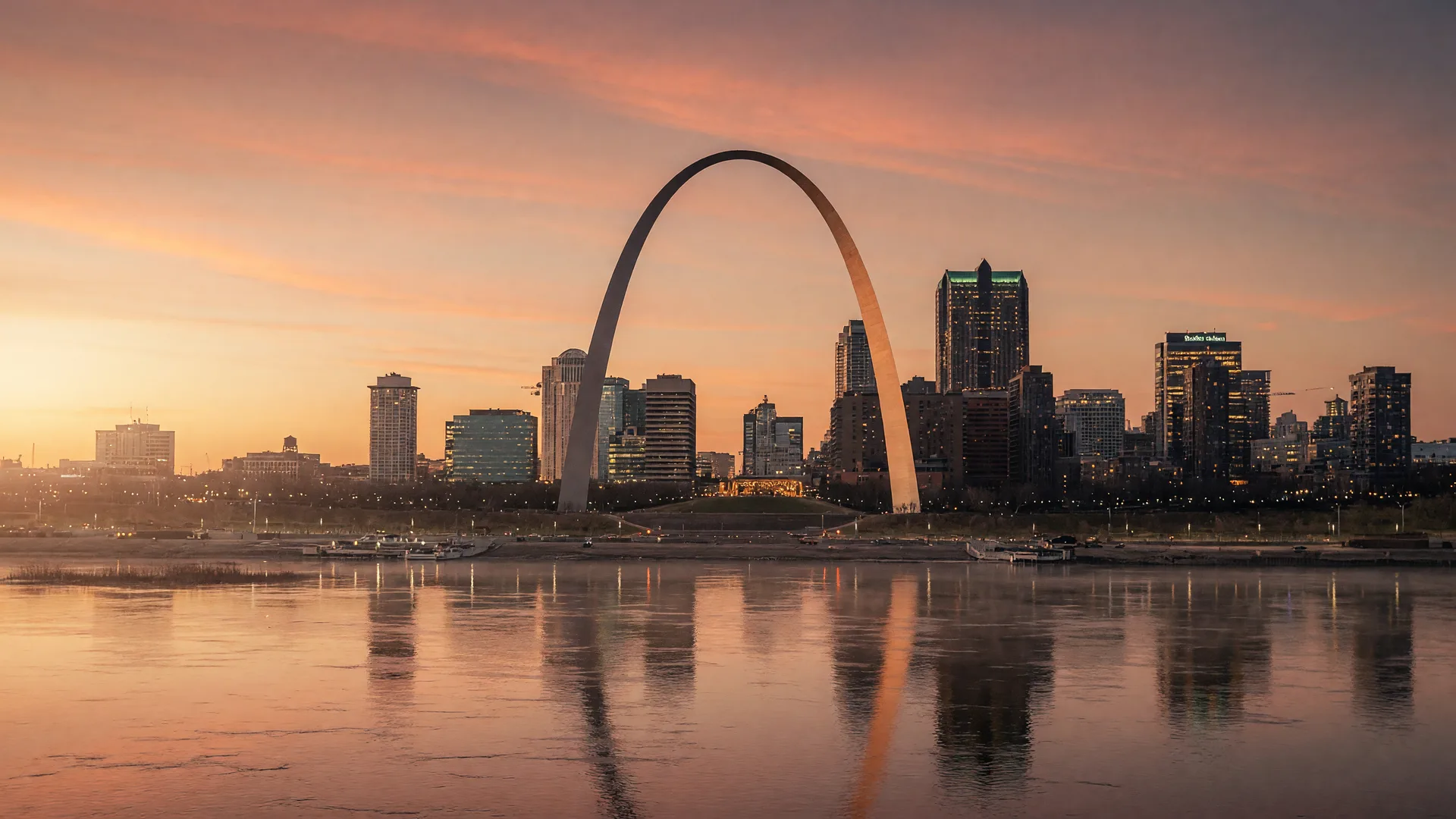 St. Louis skyline with the Gateway Arch at golden hour