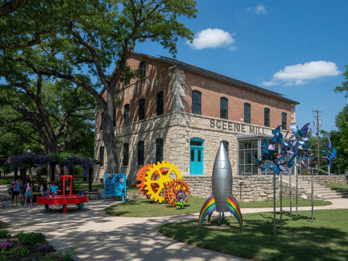 Historic 1880s limestone mill building in Johnson City, Texas now converted into the Science Mill STEM museum with colorful outdoor exhibits and metallic sculptures in the garden