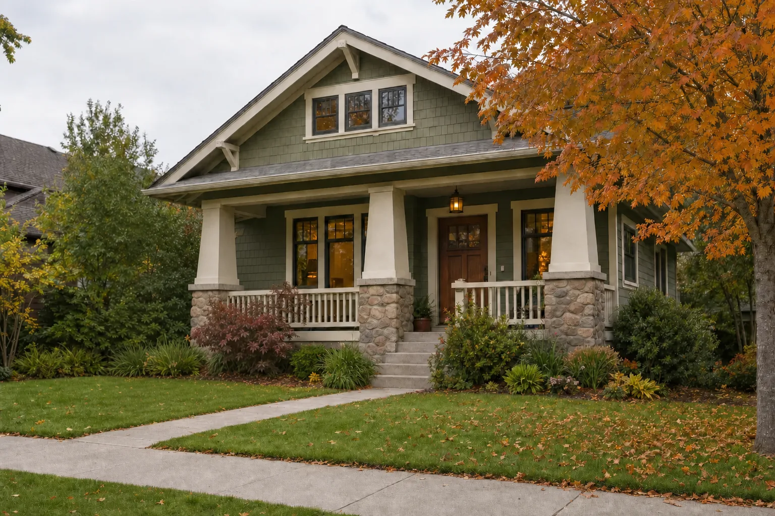 A craftsman home with an autumn tree and lawn, bathed in warm low September light