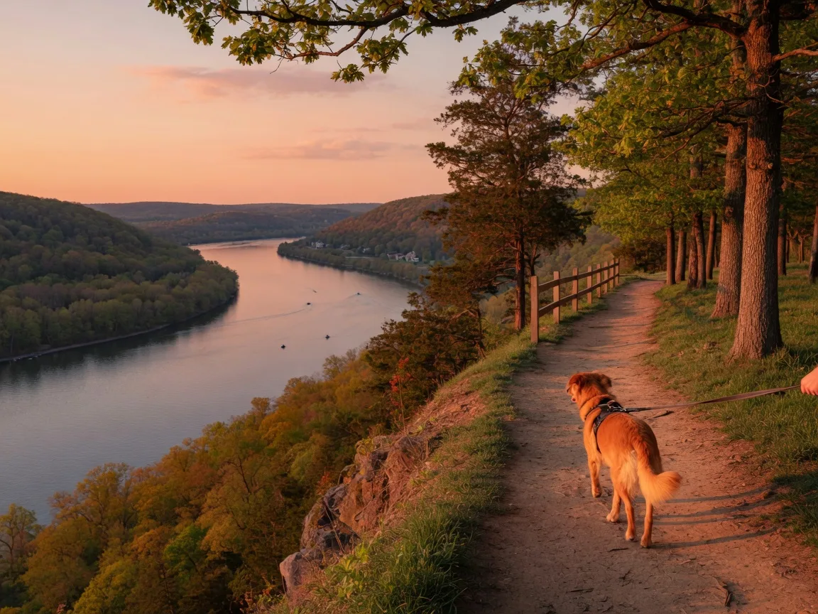 A leashed dog seen from behind walking along a dirt overlook trail on a tree-lined bluff above the Potomac River in northern Virginia at golden light