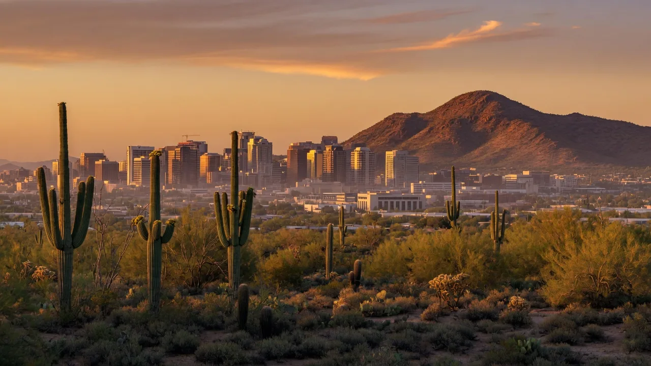 Phoenix skyline at golden hour with saguaro cacti in the foreground