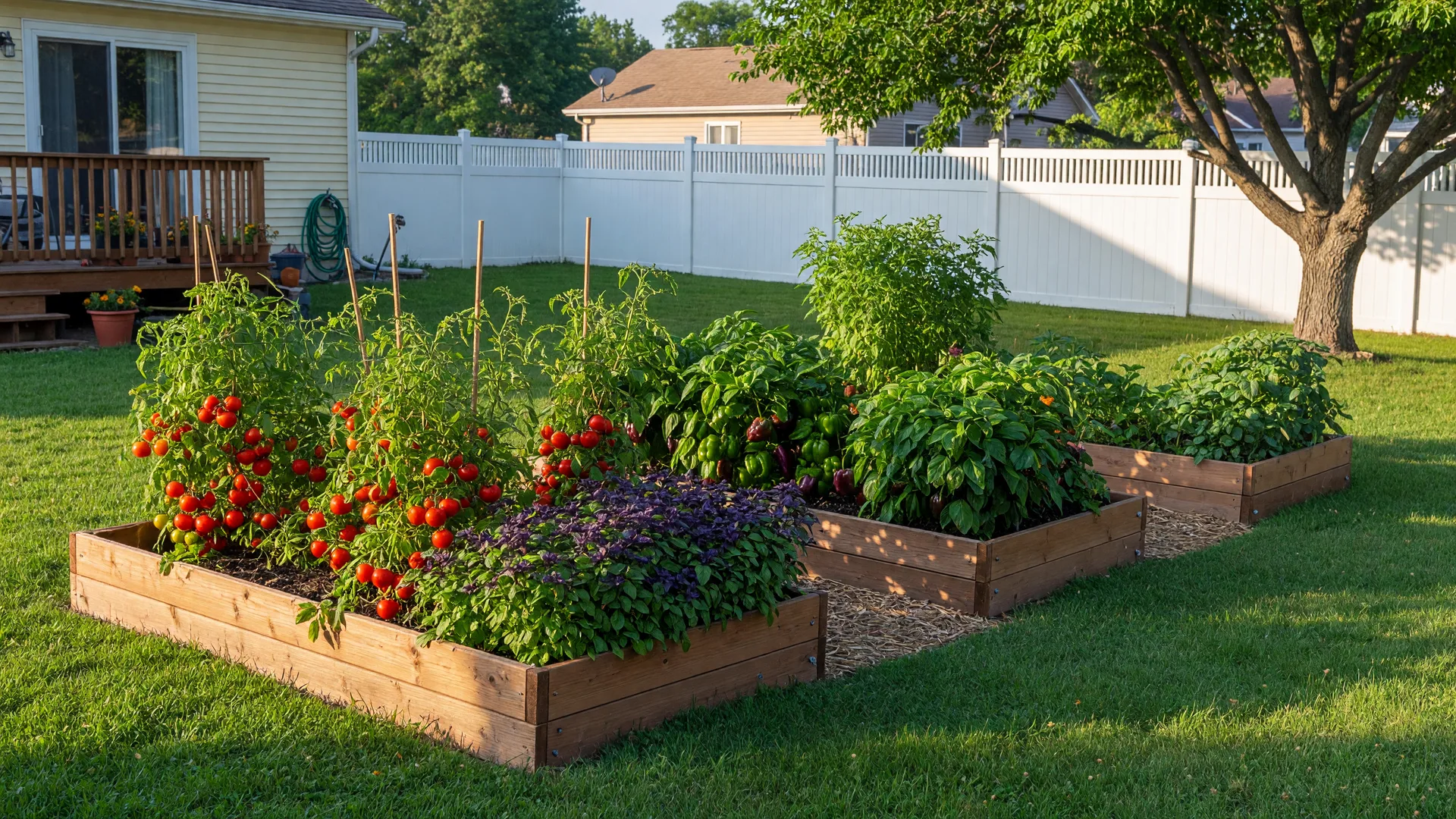 Raised vegetable beds in full sun beside a suburban home
