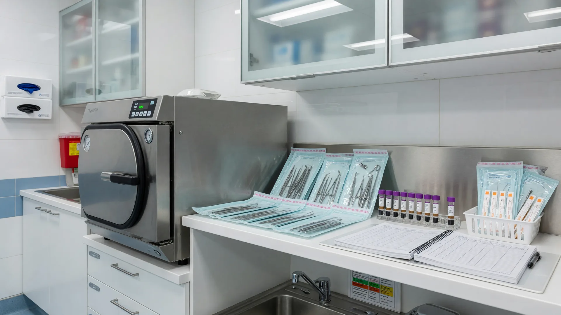 Dental sterilization room with a modern autoclave, organized wrapped instrument packs, and biological indicator vials under bright clinical lighting