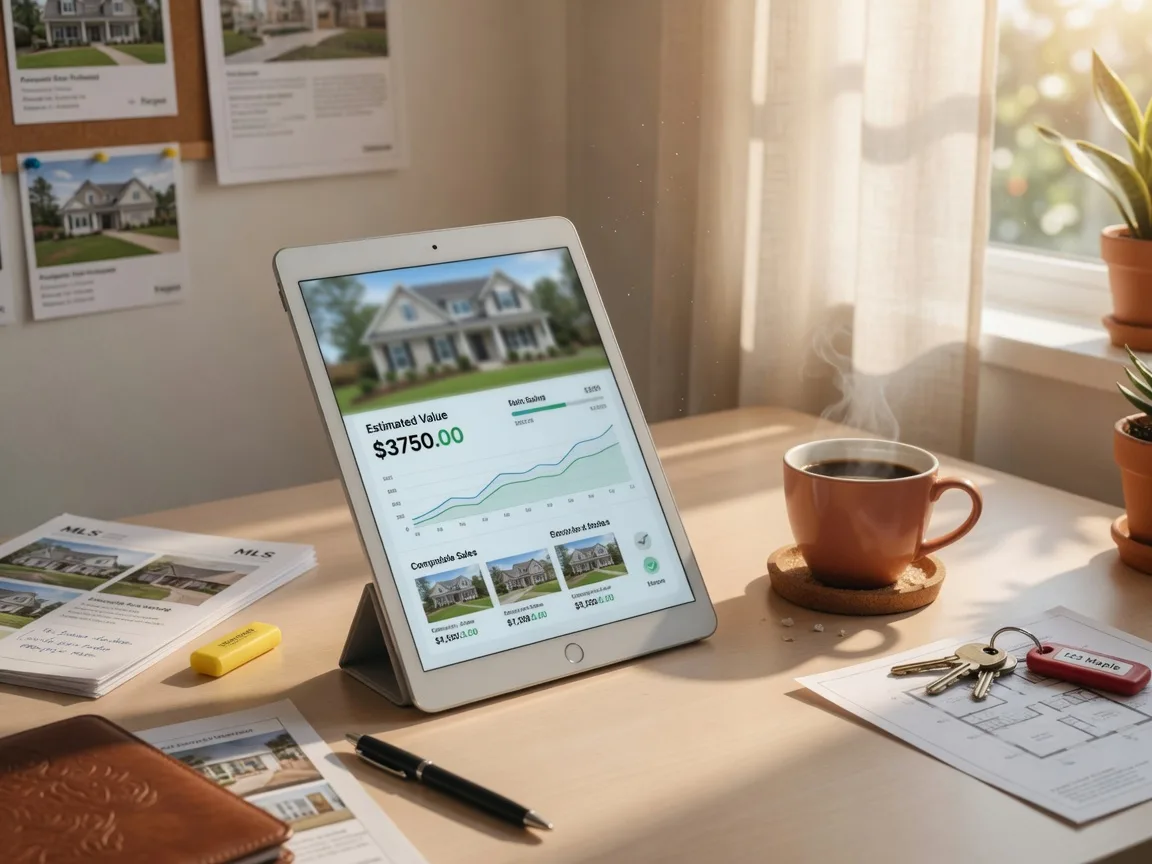 Tablet displaying a home valuation report on a real estate office desk with coffee
