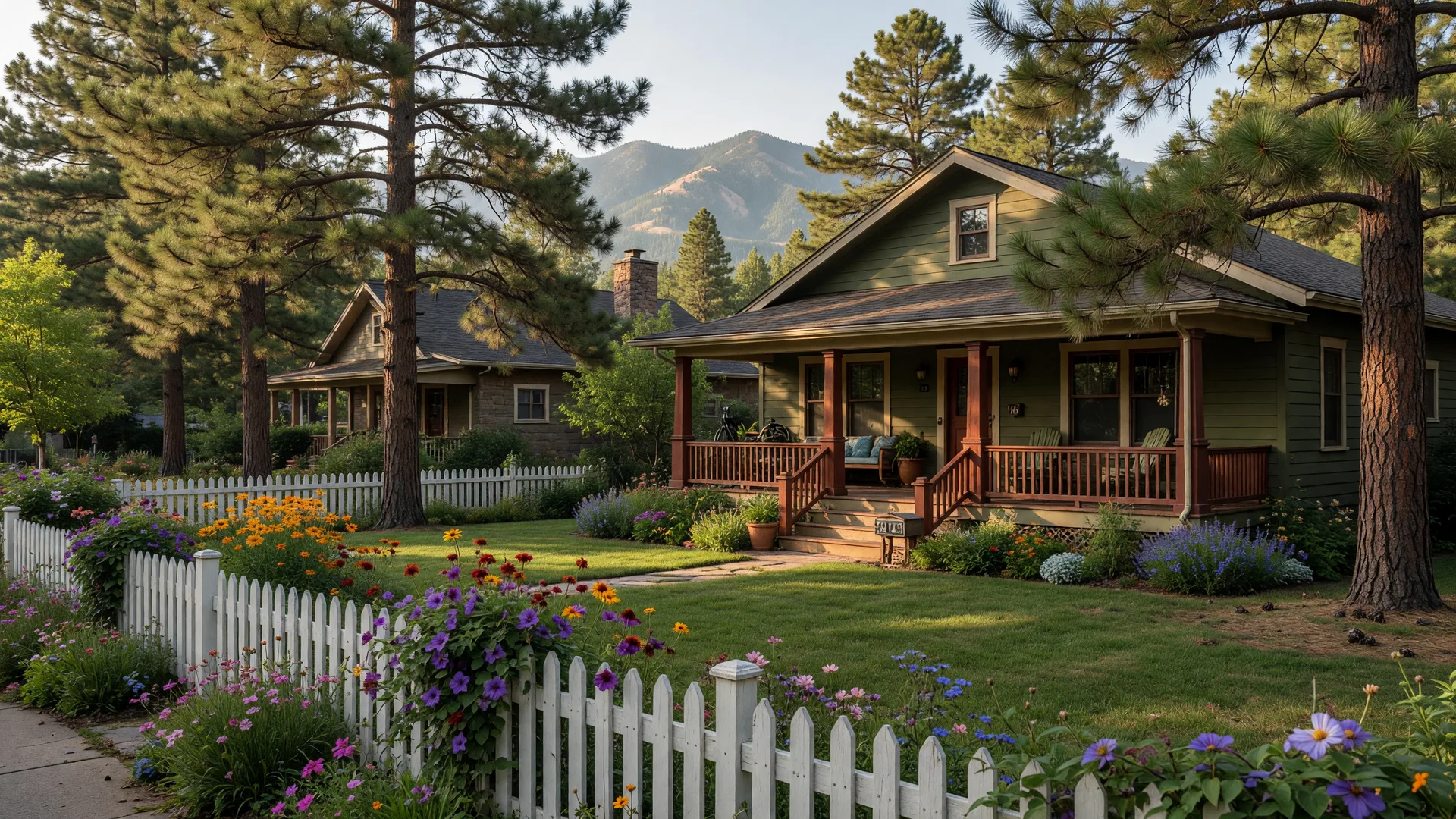 Craftsman-style home in a Flagstaff neighborhood surrounded by tall ponderosa pines and wildflowers in late summer