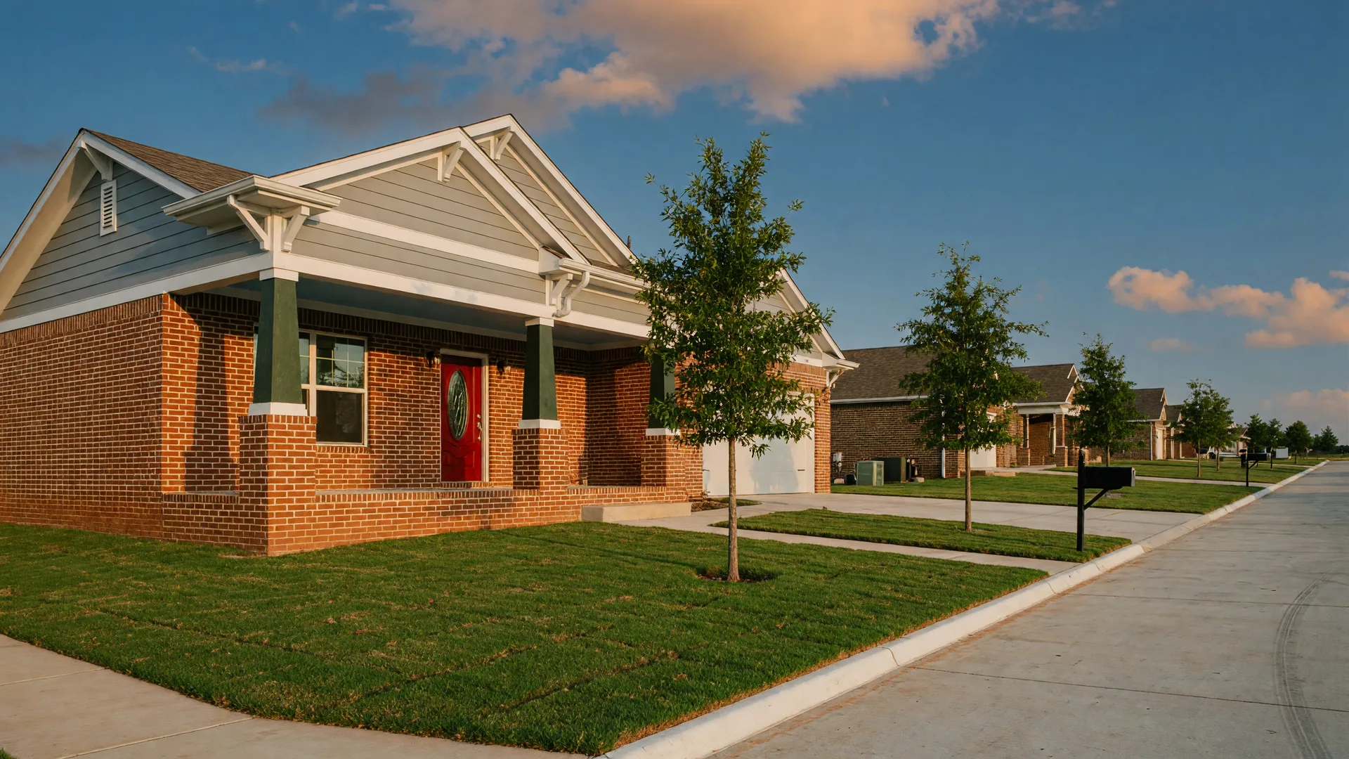 Freshly built craftsman home in an Oklahoma development at golden hour with a covered porch and newly mowed lawn
