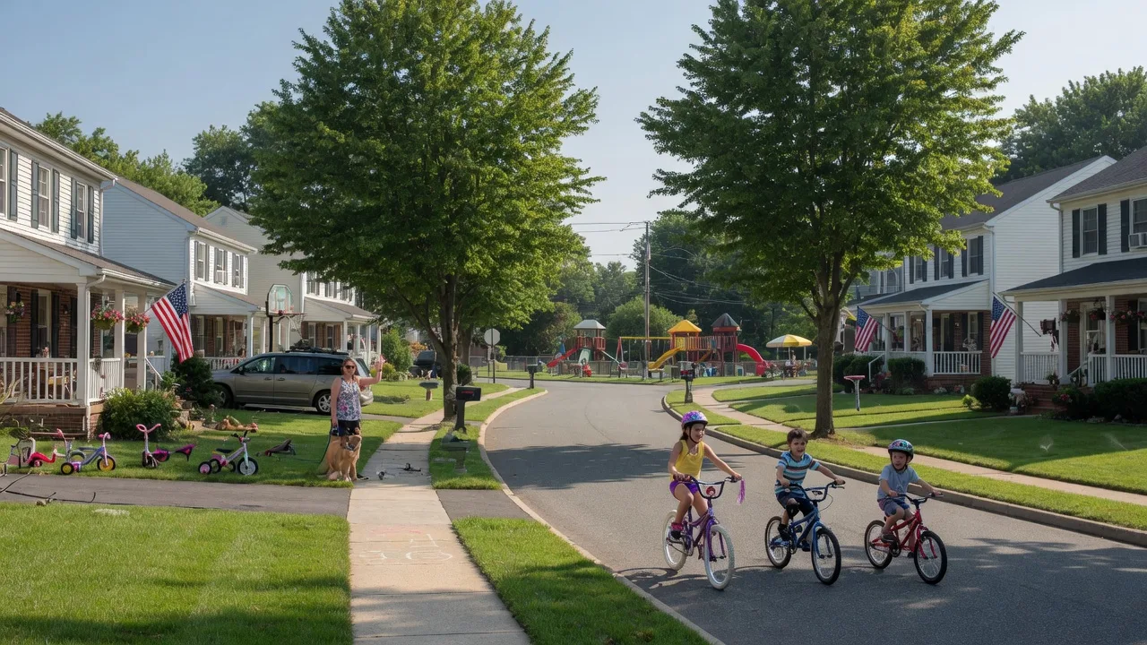 Family-friendly suburban neighborhood in South Jersey with children biking on a tree-lined street