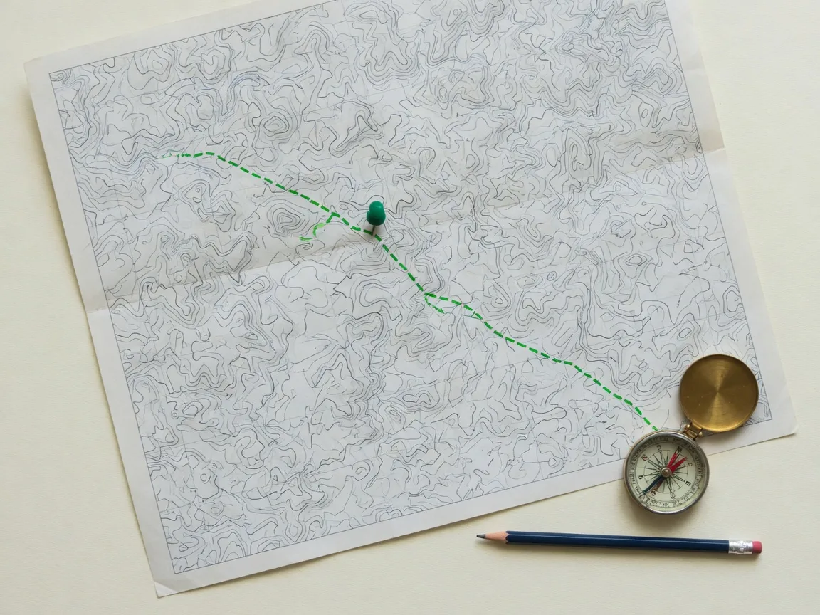 A flat-lay photograph of a pale survey map with contour lines and a dashed green route