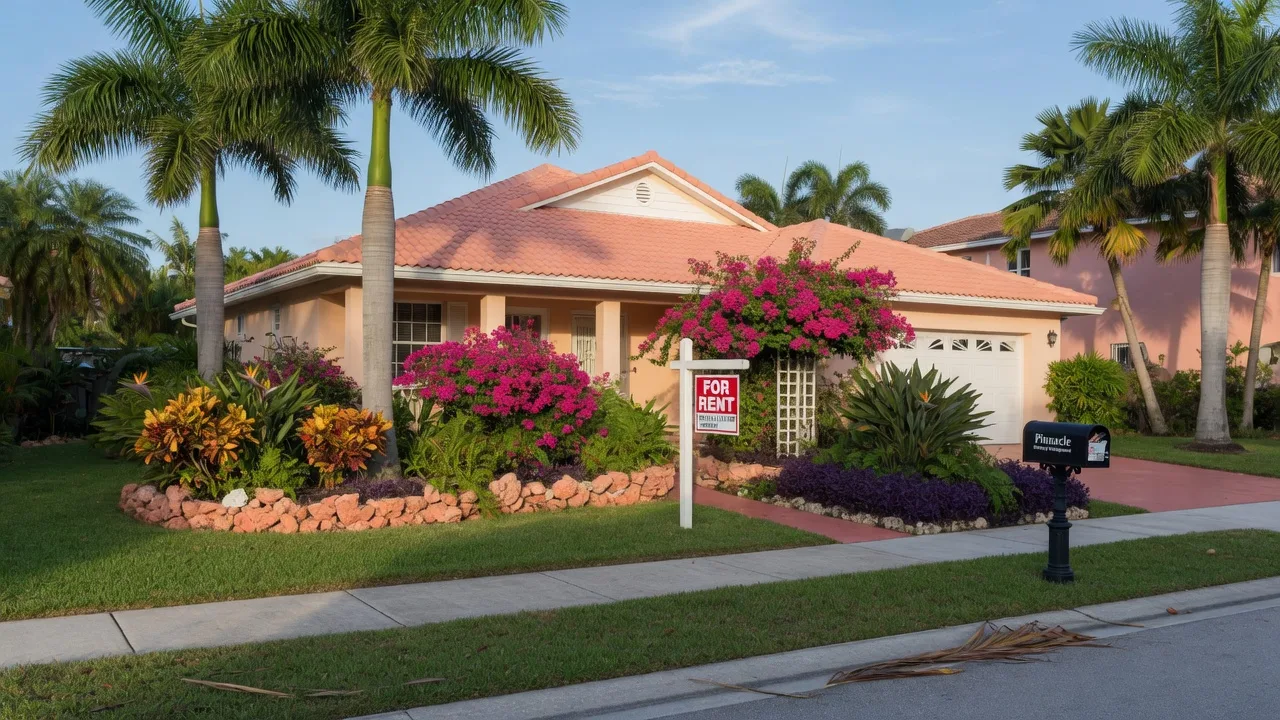 Well-maintained South Florida rental property with palm trees and a For Rent sign on a sunny morning