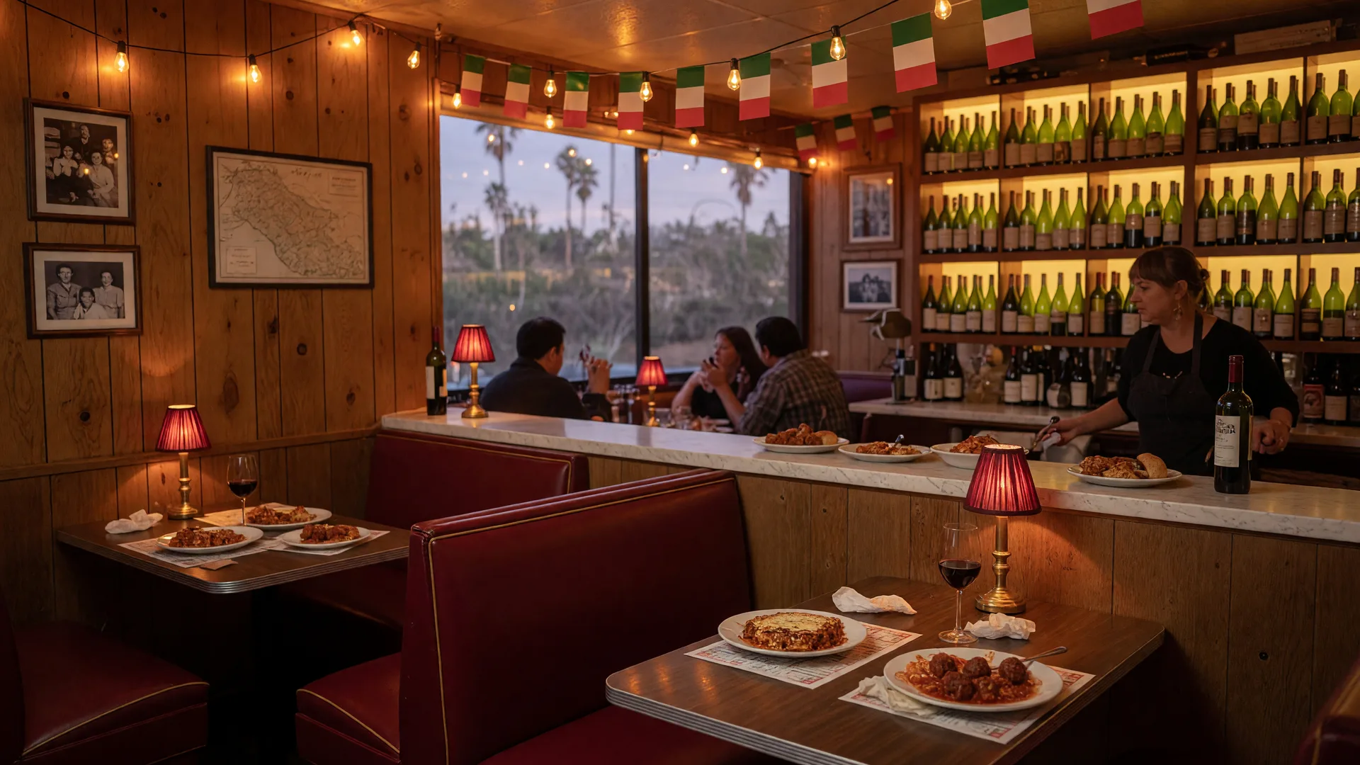 A warm evening shot of a red-boothed neighborhood Italian restaurant with vintage lamps, backlit wine shelves, and small plates on a marble counter