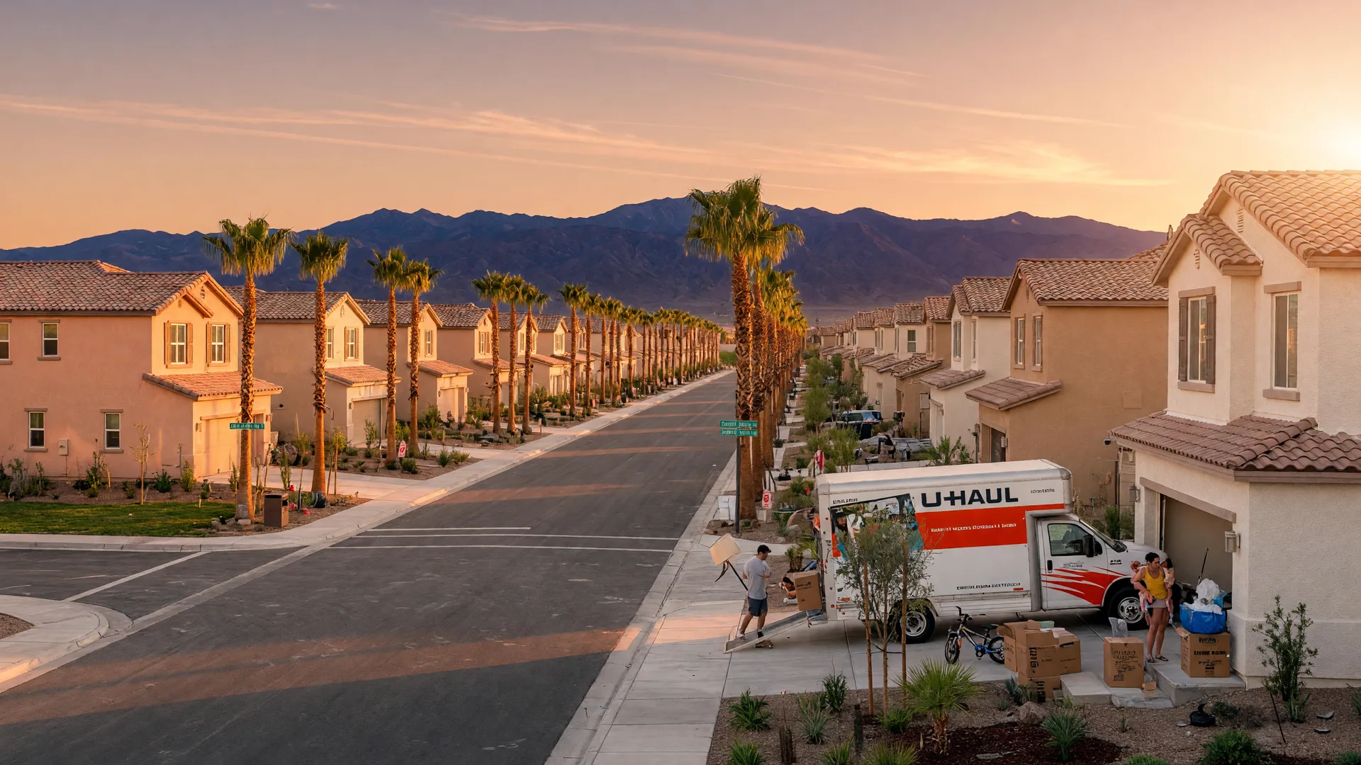 Palm-tree-lined boulevard in a Southwest Las Vegas master-planned community at golden hour with new homes and Spring Mountains in the distance