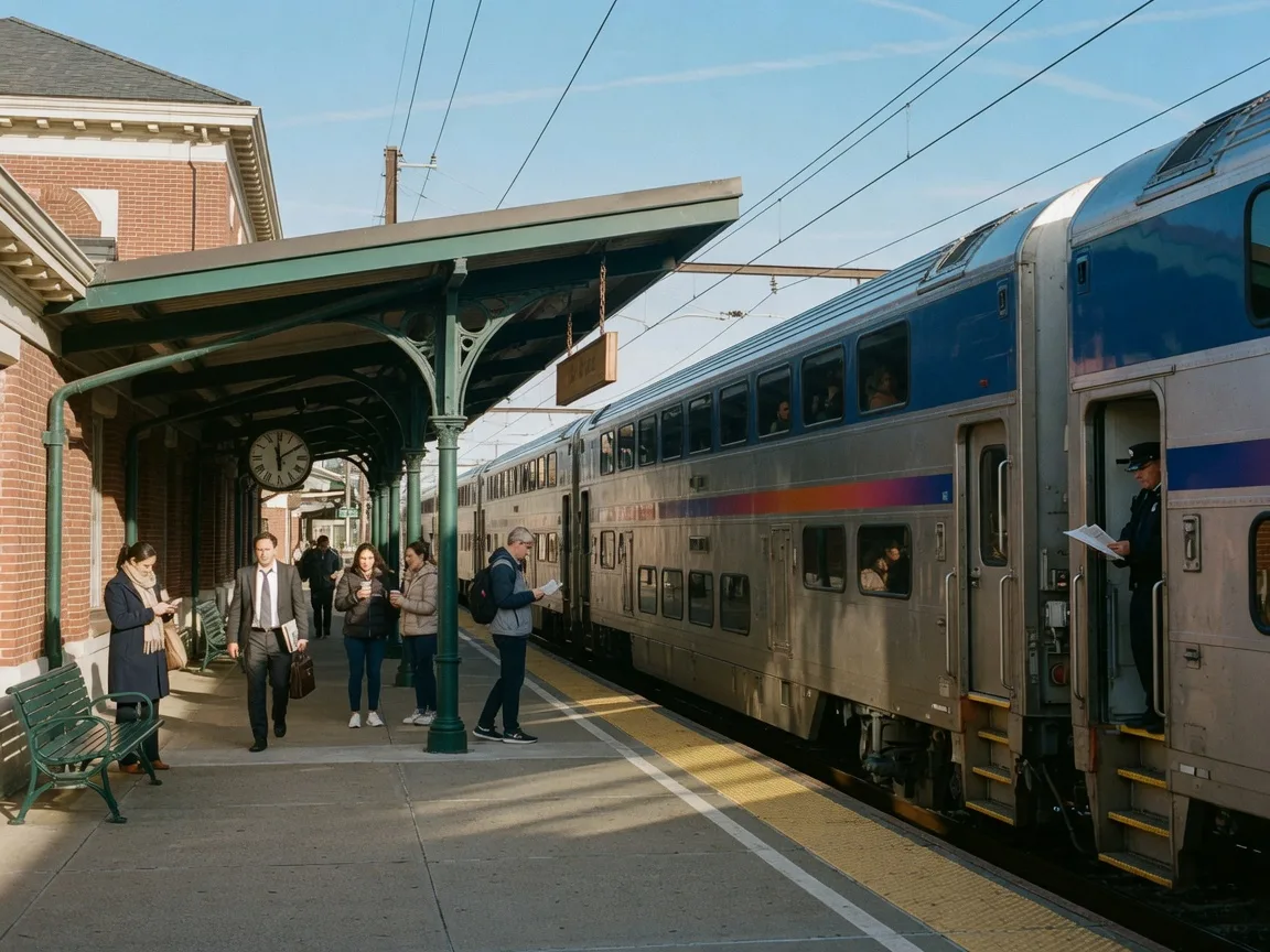 NJ Transit commuter train at a suburban Essex County station