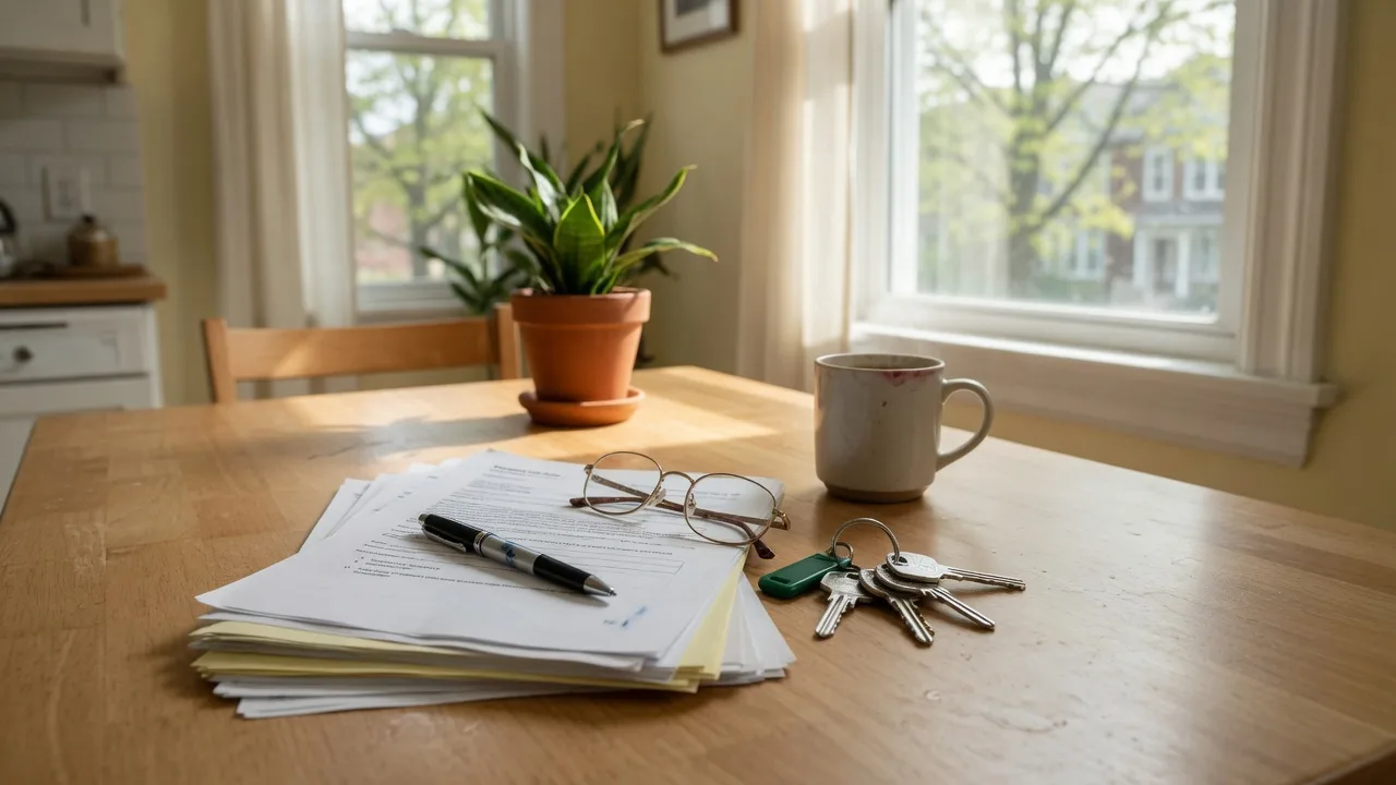 Real estate seller disclosure documents, a pen, reading glasses, and house keys on a bright kitchen table in a Hamilton Ontario home