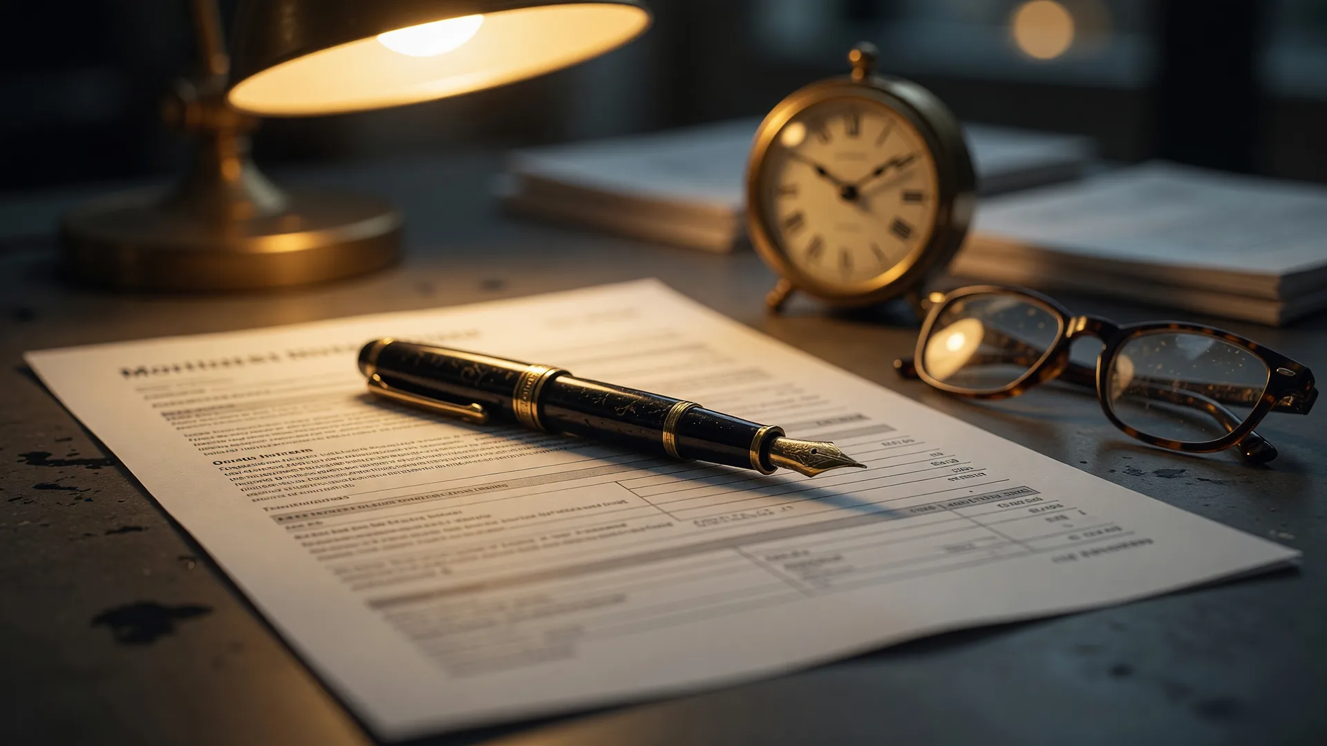 A fountain pen resting on a mortgage document with reading glasses and a brass desk clock in warm lamp light