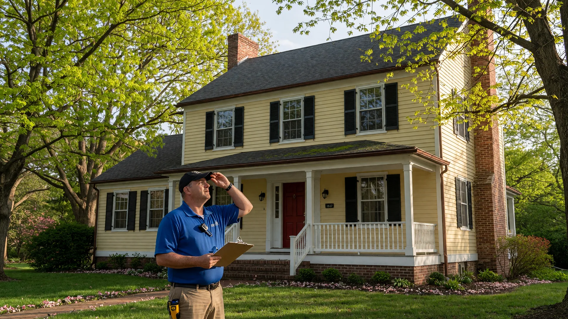 Professional home inspector examining the exterior of a South Jersey colonial home on a bright spring morning