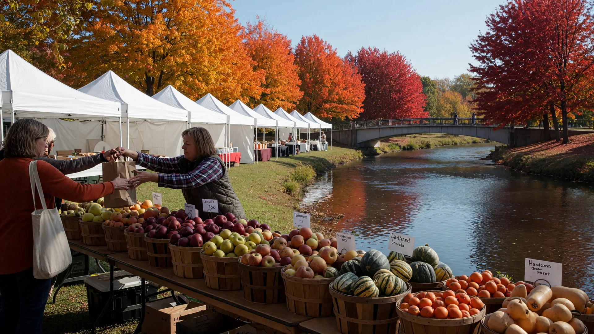 A riverside farmers market on a bright October morning, white vendor tents in a row along a riverfront park, bushels of heirloom apples and baskets of squash on tables, a vendor handing a paper bag to a customer, the river glinting behind the stalls with trees in orange and red fall color