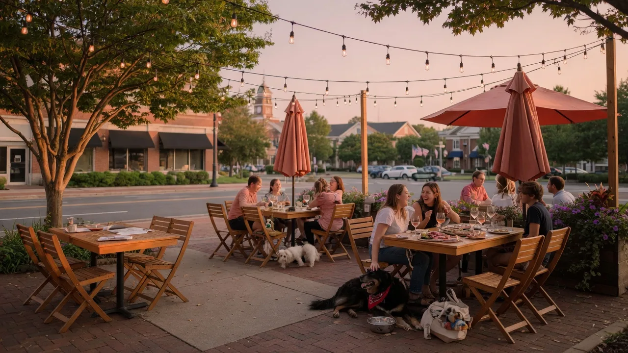 A warm golden-hour restaurant patio in a Northern Virginia town center with string lights overhead, wooden tables, outdoor seating, and a relaxed evening atmosphere