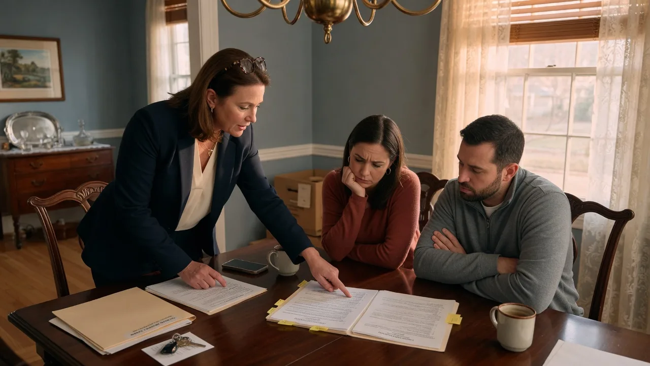 Real estate agent reviewing an offer with a couple at a dining table in a South Jersey home