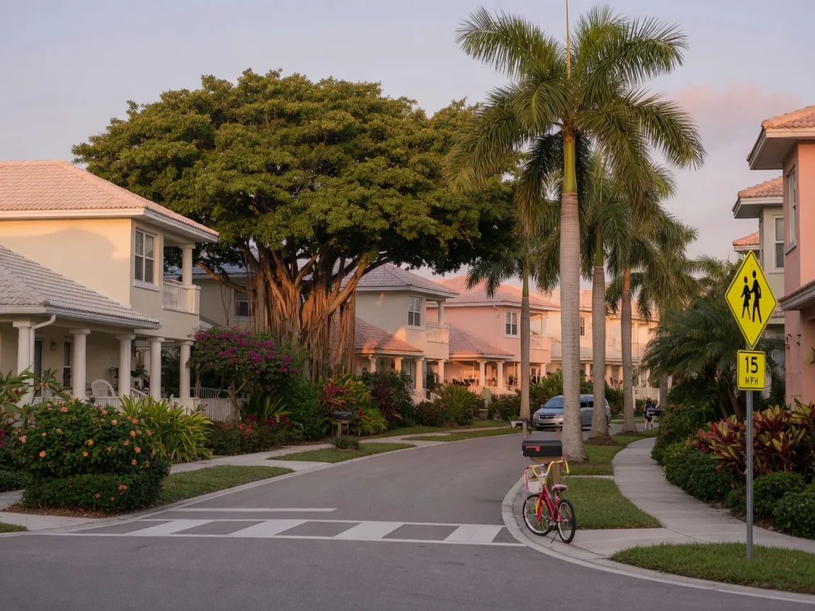 Quiet family-friendly street in North Naples, Florida with coastal-style homes, tropical palms, and a school crosswalk sign