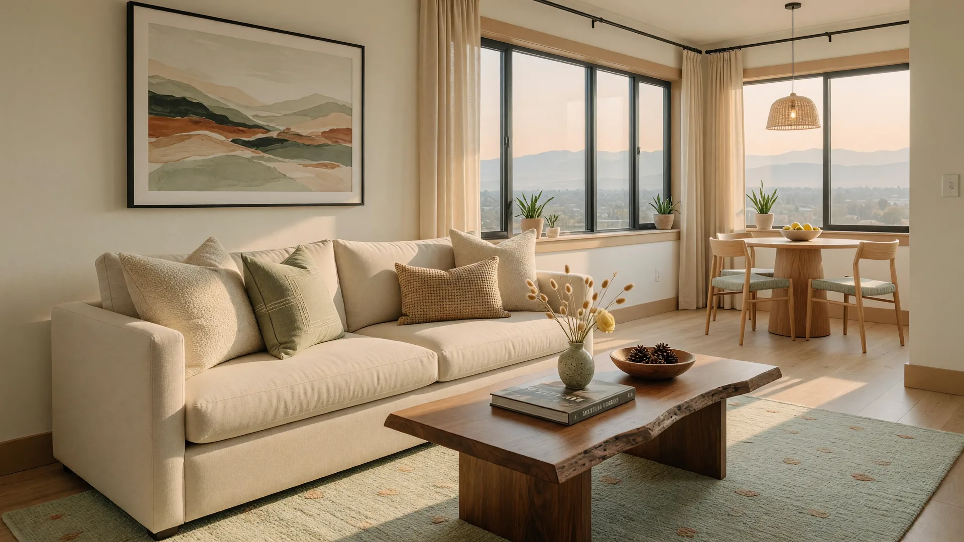 A bright, professionally furnished short-term rental living room with a linen sofa, wool rug, and golden afternoon light