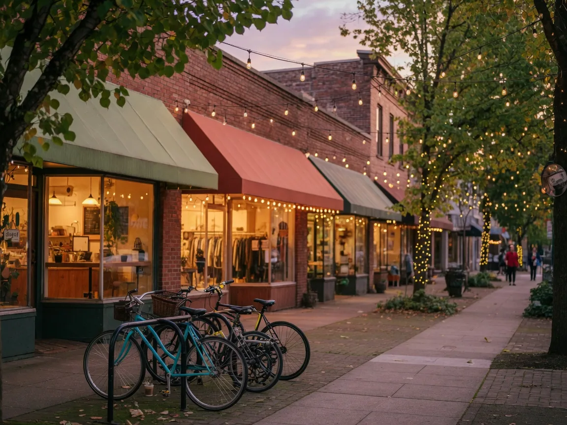A Portland main street in early evening with warm shop lights