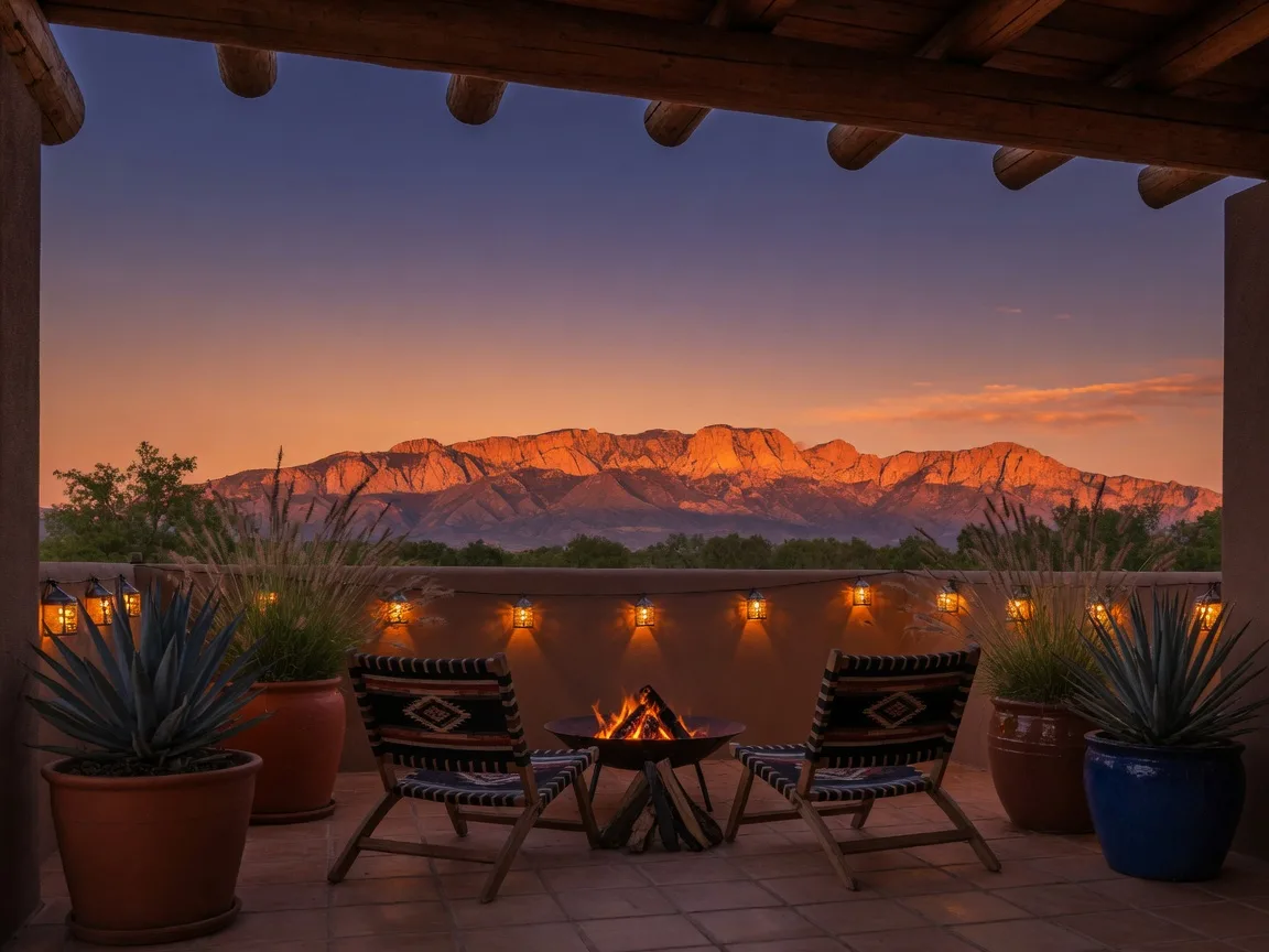 A patio with chairs and a fire pit overlooking the Sandia Mountains