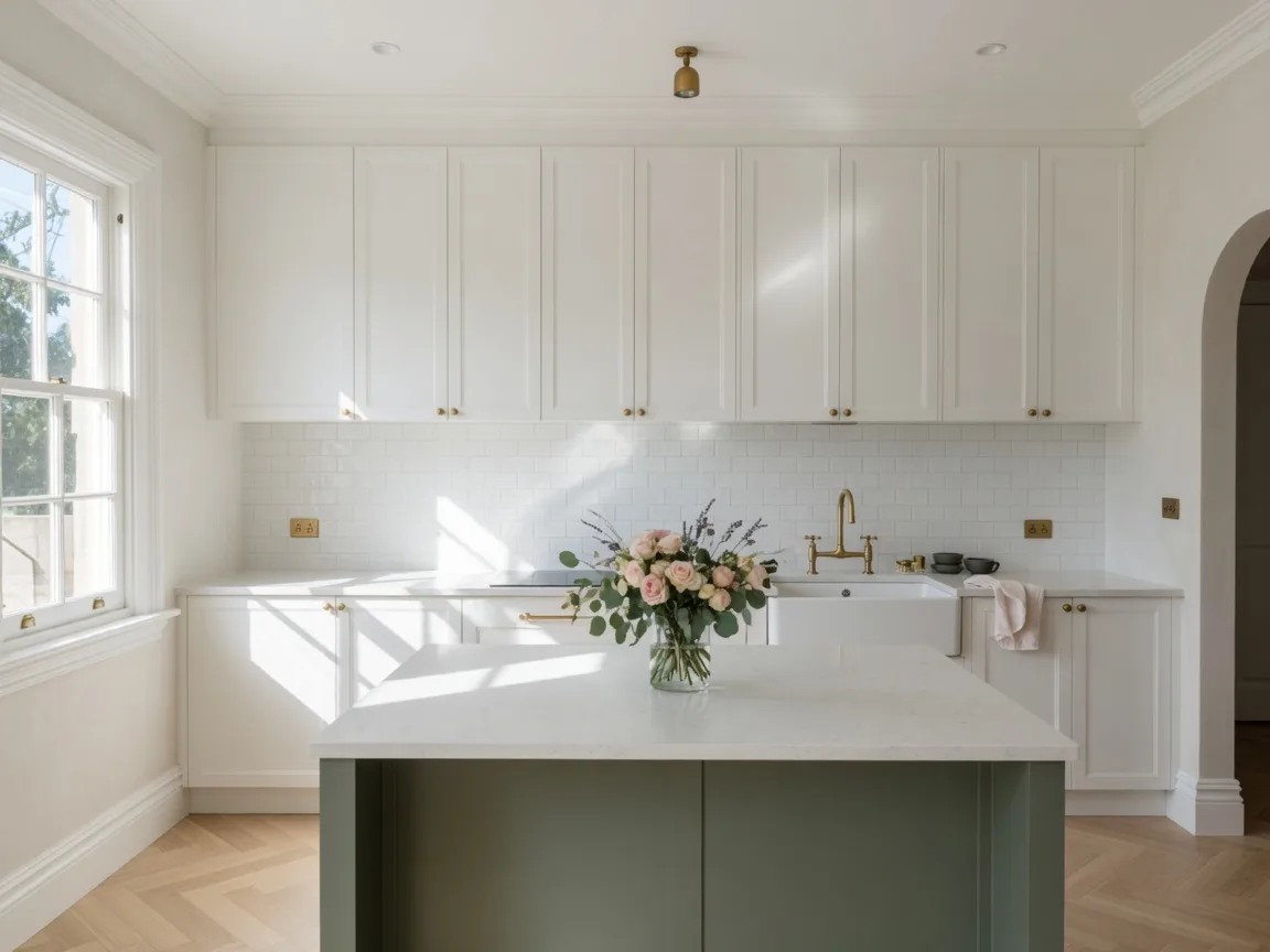 A bright renovated kitchen with white cabinets and a sage green island