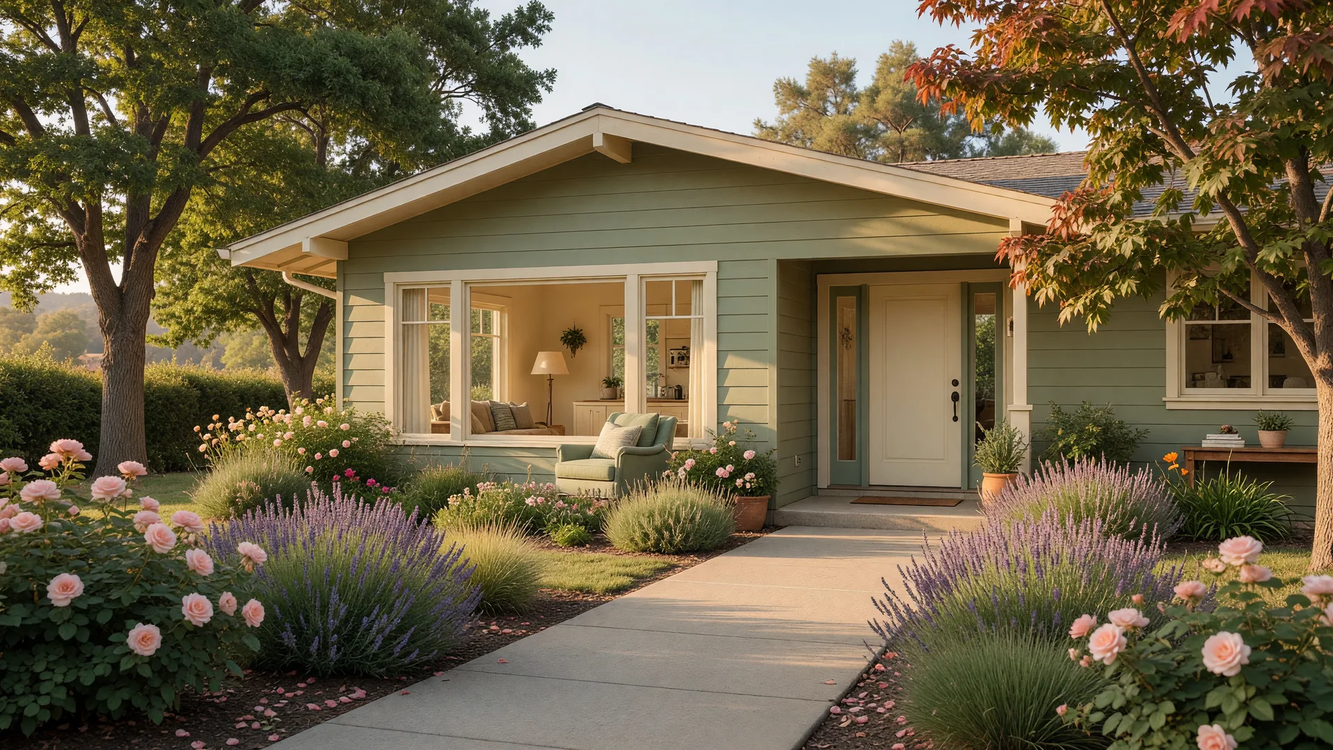 A welcoming single-story ranch home with a step-free entry and a lavender-lined garden path in warm afternoon light