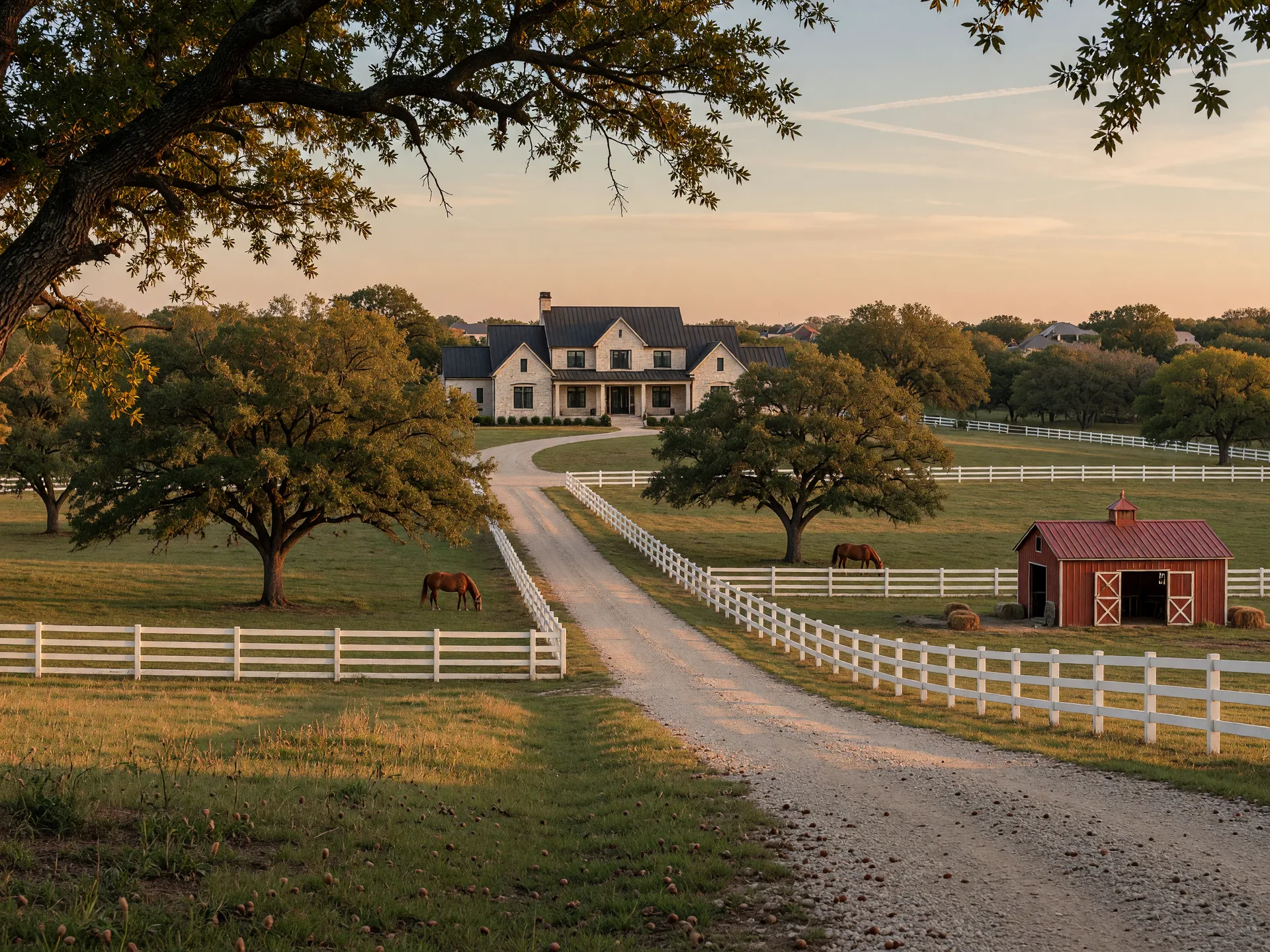 Equestrian estate with white horse fencing and a custom home in the Bartonville, Texas countryside