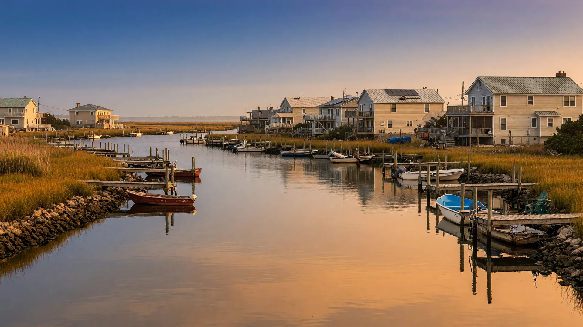 Golden-hour view across a lagoon community in Little Egg Harbor
