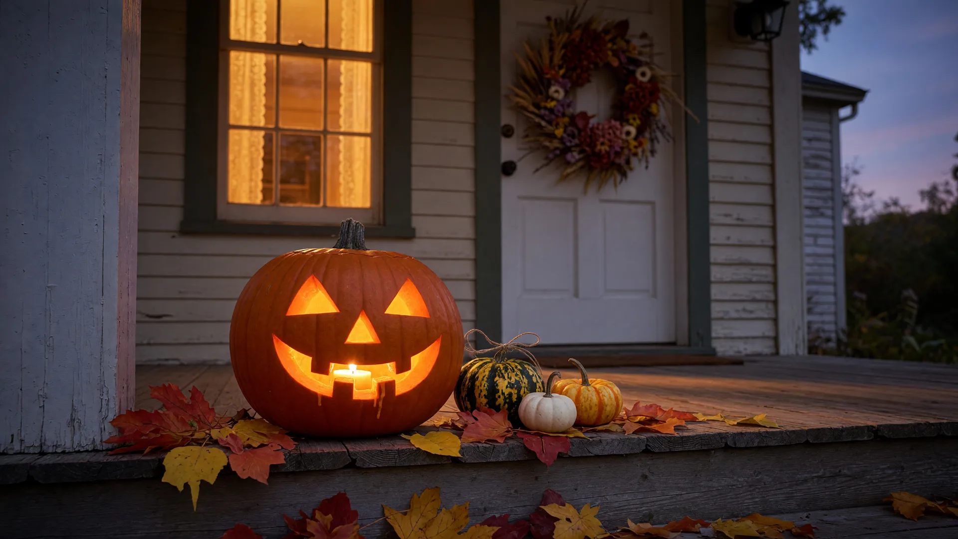 A glowing carved jack-o'-lantern on the porch steps of a Colonial home with autumn leaves and harvest gourds