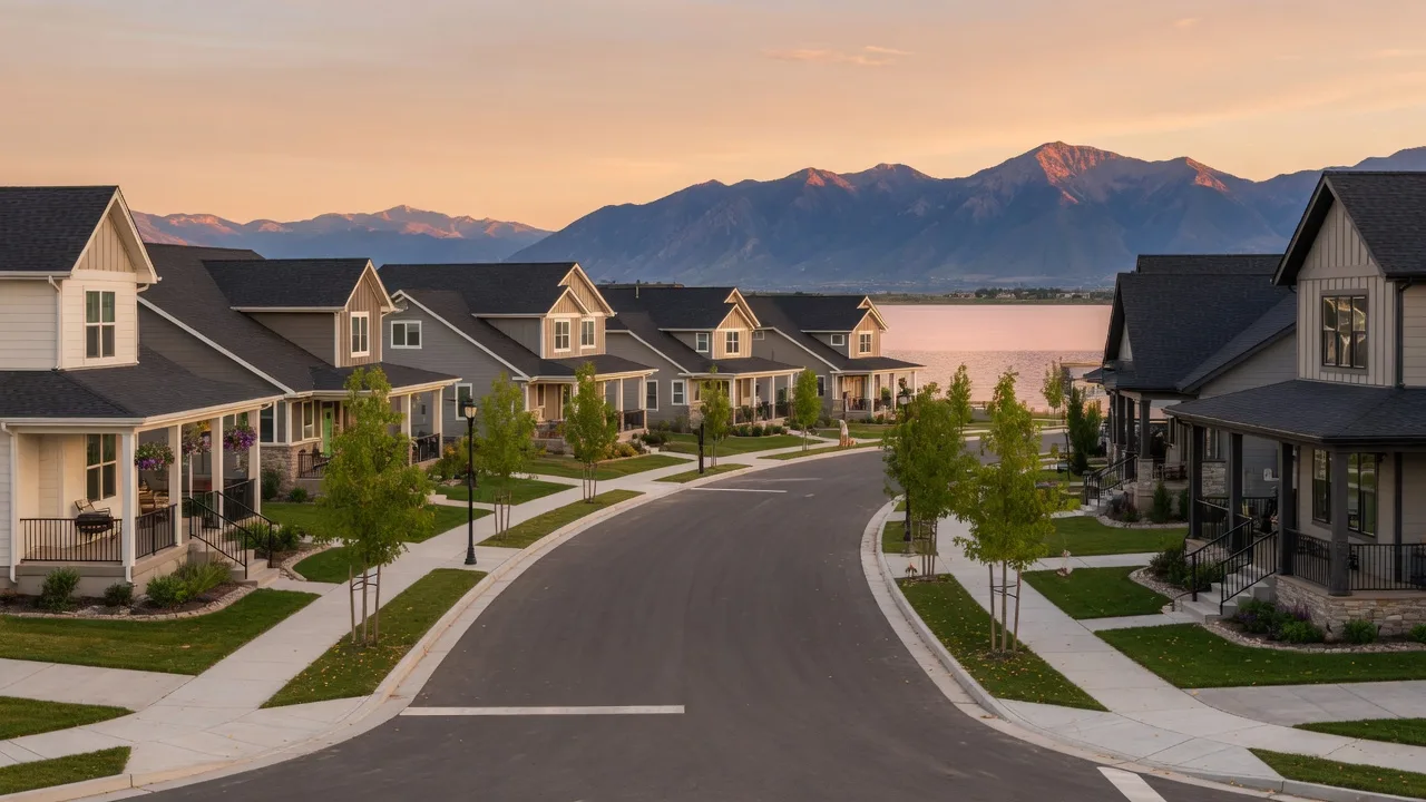 Master-planned neighborhood street in South Jordan, Utah near Daybreak in late afternoon light