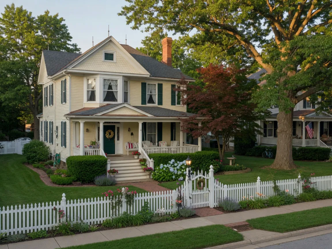A charming historic home in Lee's Summit, Missouri with a white picket fence, front porch, and mature landscaping in warm afternoon light