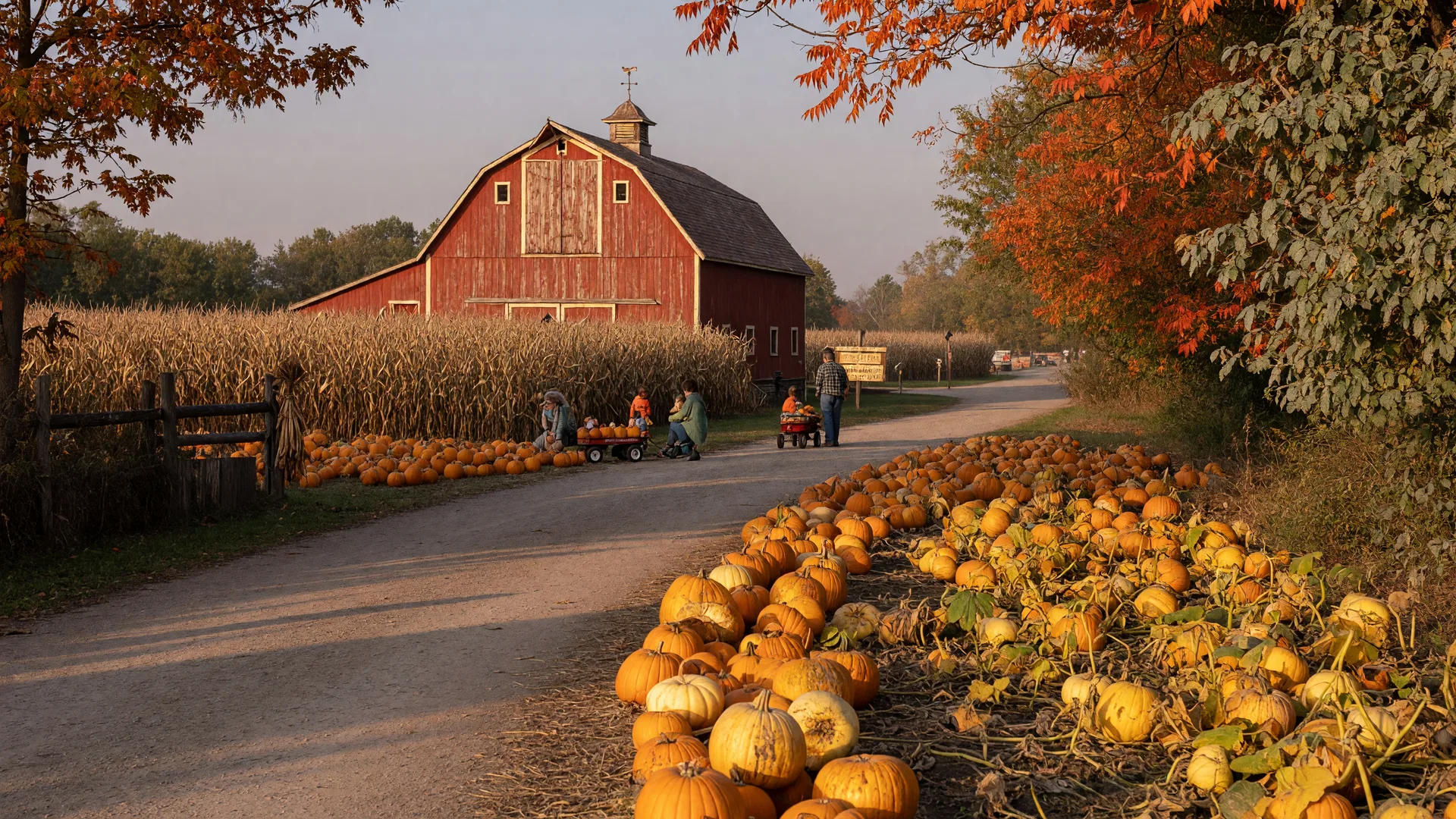 Golden pumpkin patch and a red barn at a family farm market near Loveland, Ohio in late September