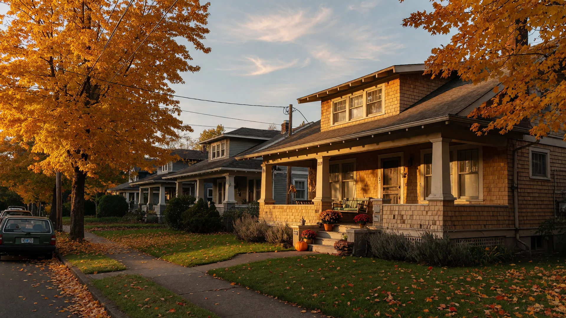 A classic Portland craftsman bungalow on a tree-lined street in early October, golden maples and warm late-afternoon light