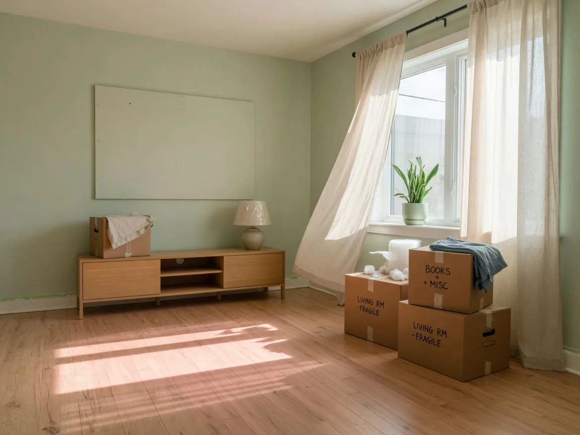 A bright new living room with moving boxes beside a sunny window, a fresh start