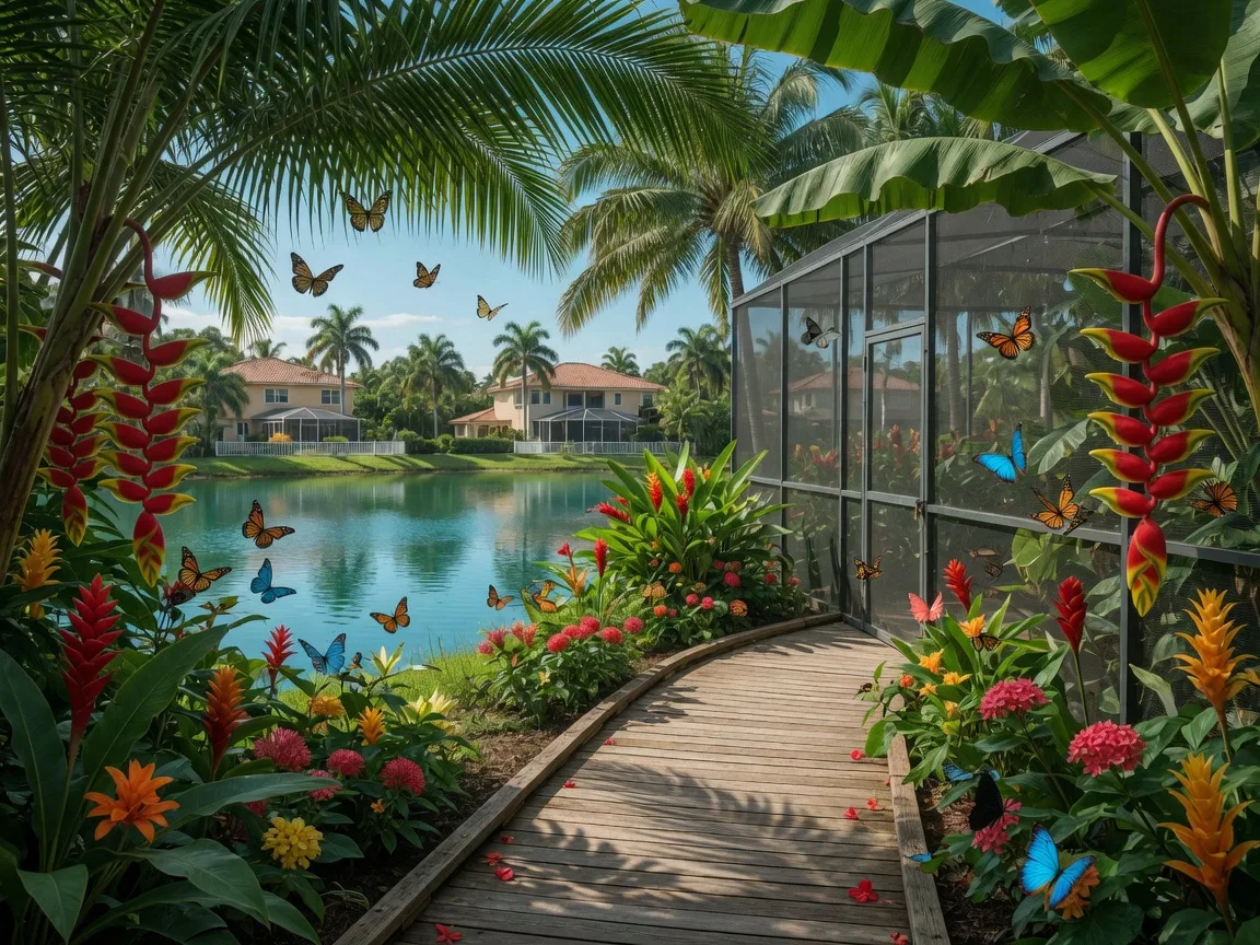 A sunlit boardwalk winding through a lush tropical garden in Coconut Creek, with vivid flowers, palms, and a calm lake beyond