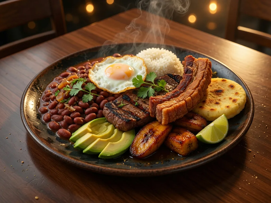 A proper Colombian Bandeja Paisa with grilled steak, chicharrón, red beans, fried egg, sweet plantain, avocado, rice, and a corn arepa at Boca2 in Buford Georgia