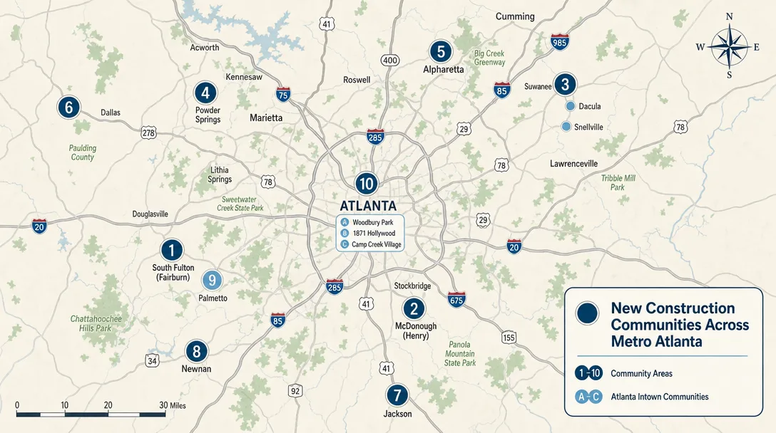 Map of Metro Atlanta showing new construction community locations with numbered pins for South Fulton, Fairburn, McDonough, Gwinnett, Cobb, North Fulton, Dallas, Jackson, Newnan, Palmetto, and Atlanta intown