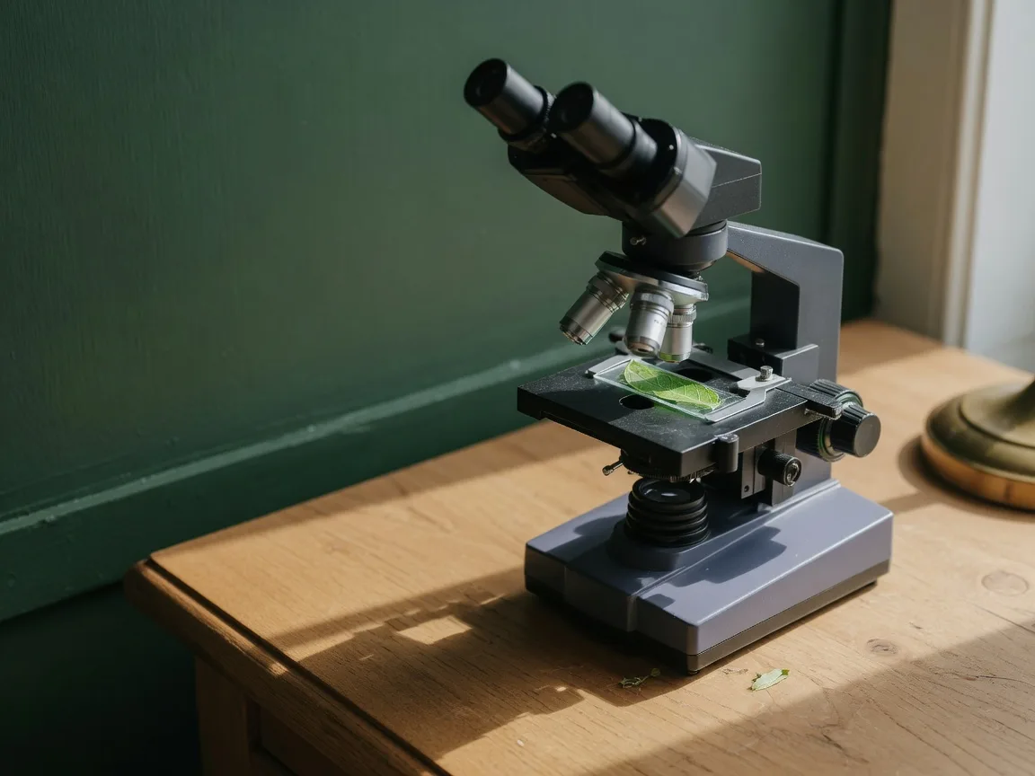 A microscope with a green botanical leaf specimen slide on a warm oak desk