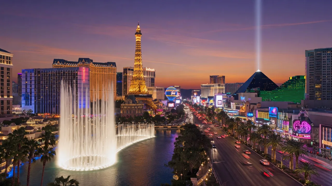 Las Vegas Strip skyline at dusk with the Bellagio fountains, Eiffel Tower replica, and neon lights glowing against a purple-orange sunset sky
