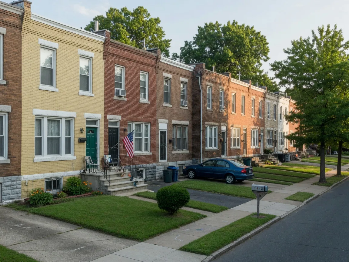 Post-war brick rowhomes and side-by-side twin houses on a tree-lined block in Rhawnhurst, Northeast Philadelphia