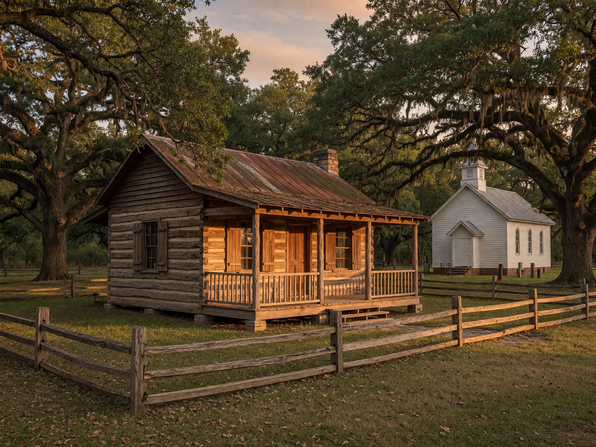 A historic pioneer log cabin with a front porch and wooden shutters at the Pioneer Village Living History Center near Gonzales, Texas, beneath live oak trees with a split-rail fence and a small white church in the background