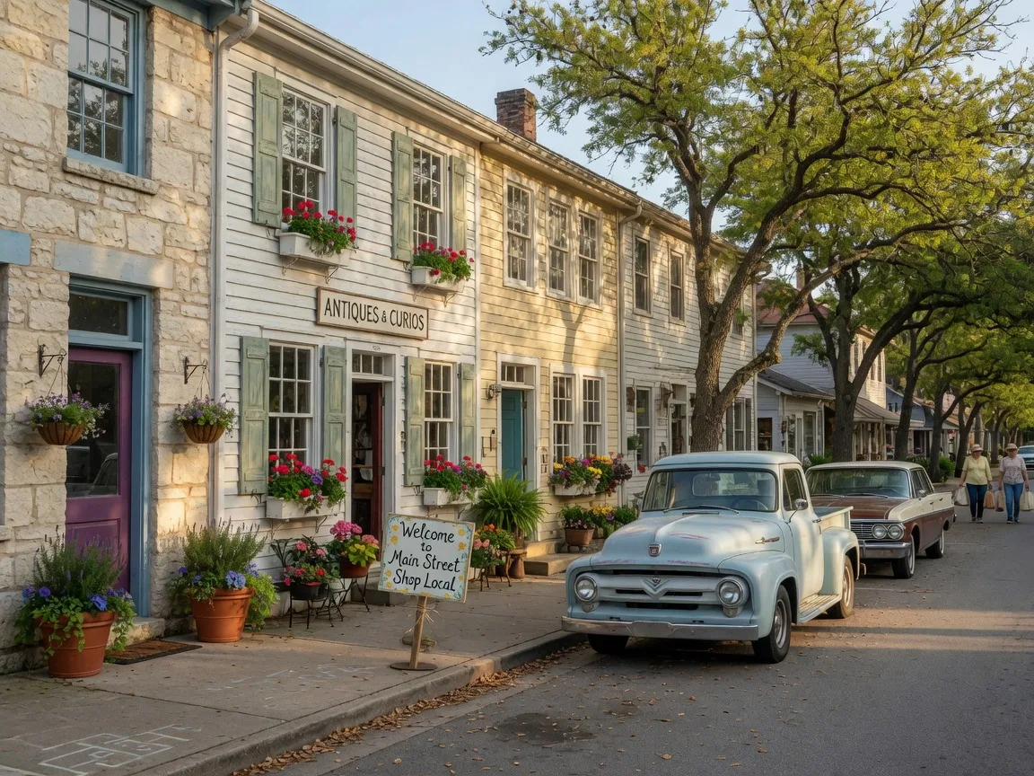 A charming Central Texas village shopping street lined with galleries and boutiques on a Saturday morning