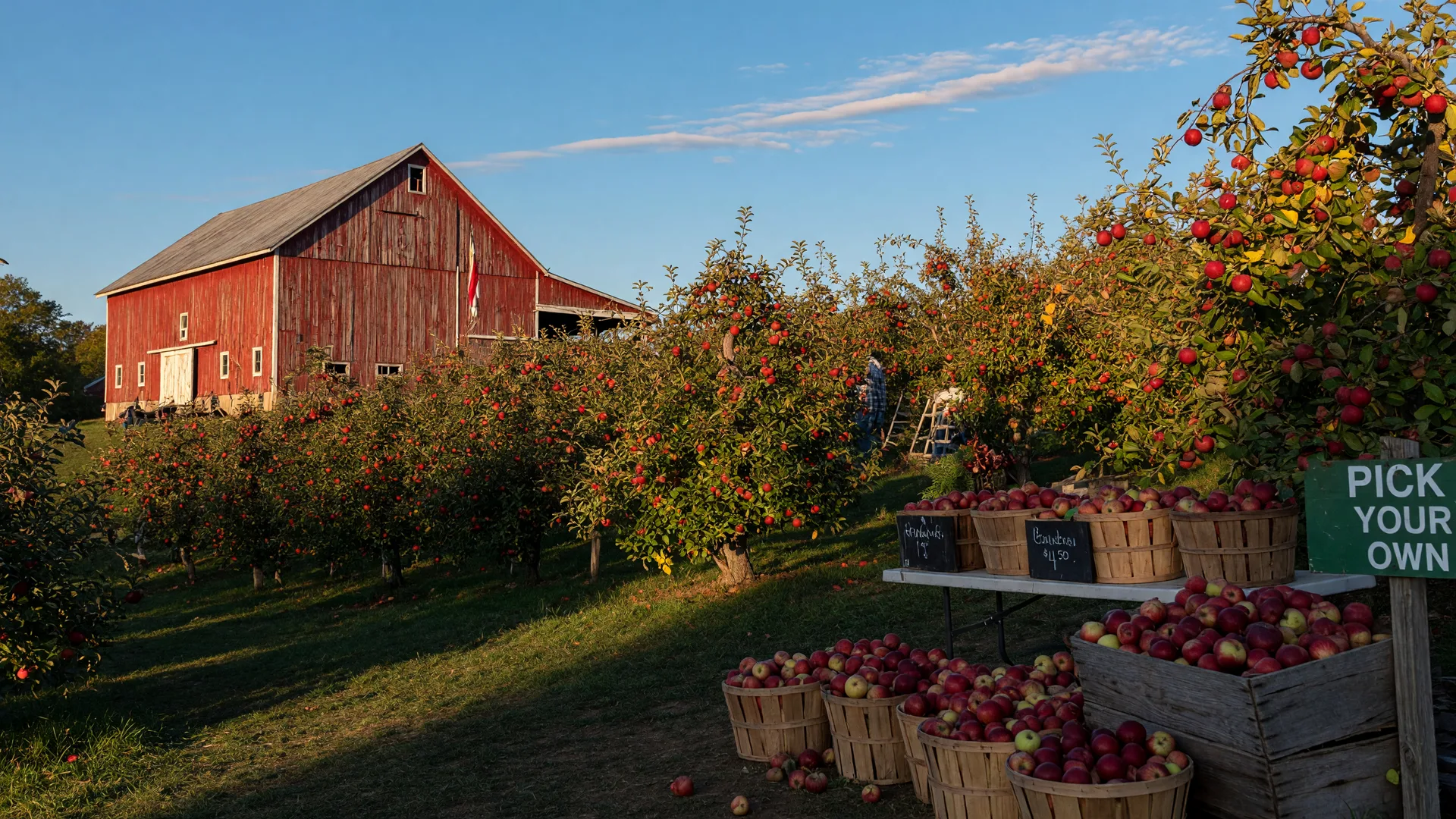 An autumn apple orchard near Wilmington, Ohio with apple trees heavy with fruit, crates of picked apples, and a weathered red barn in golden September light