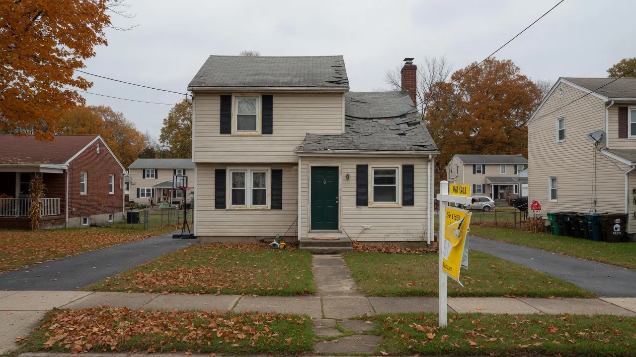 Vacant house with overgrown grass and a for sale by estate sign, showing the risks of uninsured probate properties