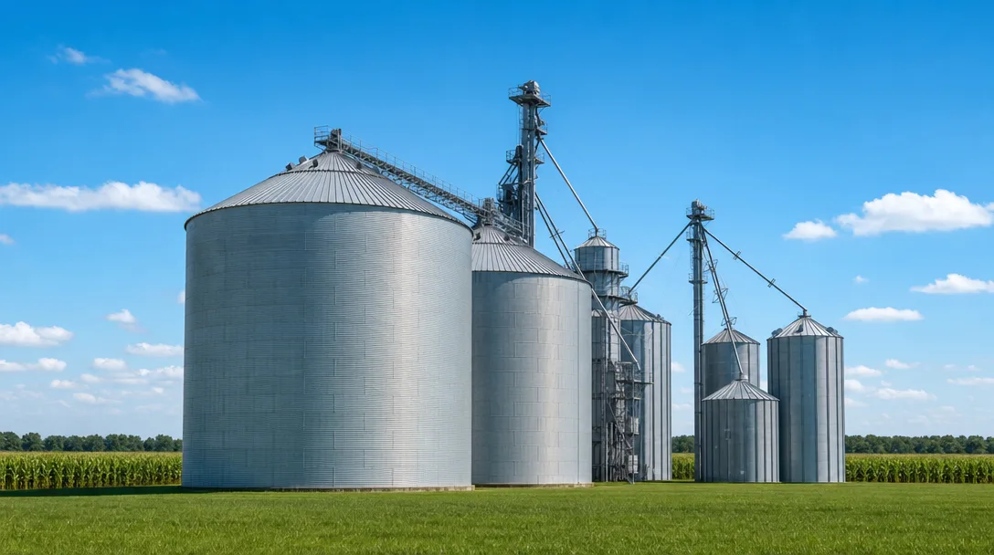Clean grain elevator complex with green cornfield background under a wide Wisconsin sky