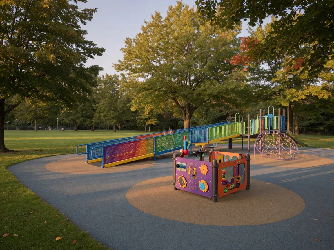 Rendering of the planned all-inclusive playground at Nishuane Park in Montclair NJ in early fall, with colorful accessible play equipment and ramps on poured rubber safety surfacing, mature trees with turning leaves, and a green lawn in warm golden-hour light; construction is underway with completion targeted around November 2026